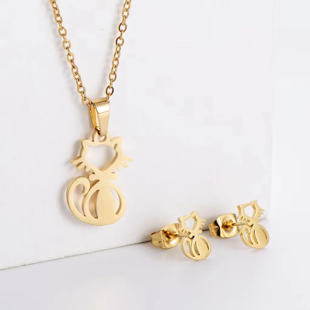 Simple Cute Hollow Cat Animal Stainless Steel Jewelry Sets Earrings and Necklace for Women Men 2023