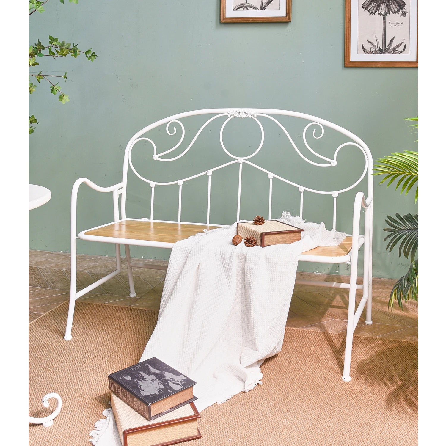 INNOVA Home European Antique Foldable Wooden Seat White Color Metal Comfortable Cafe Dining Chair for Living Room Garden