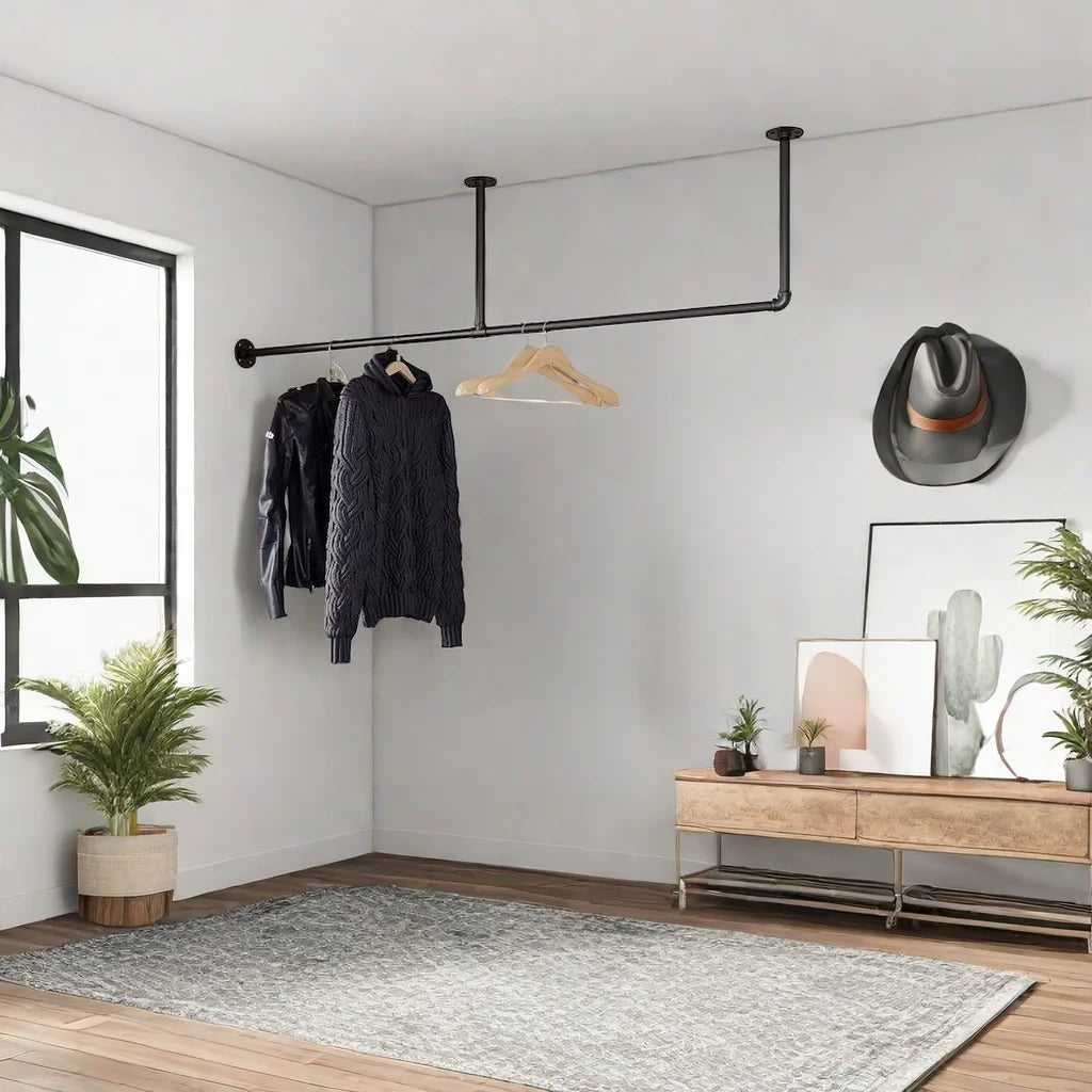 Industrial Pipe Clothes Garment Rack Ceiling Mount with Hanging Rod for Laundry Room or Wardrobe Factory Sale Load Max 135Lb