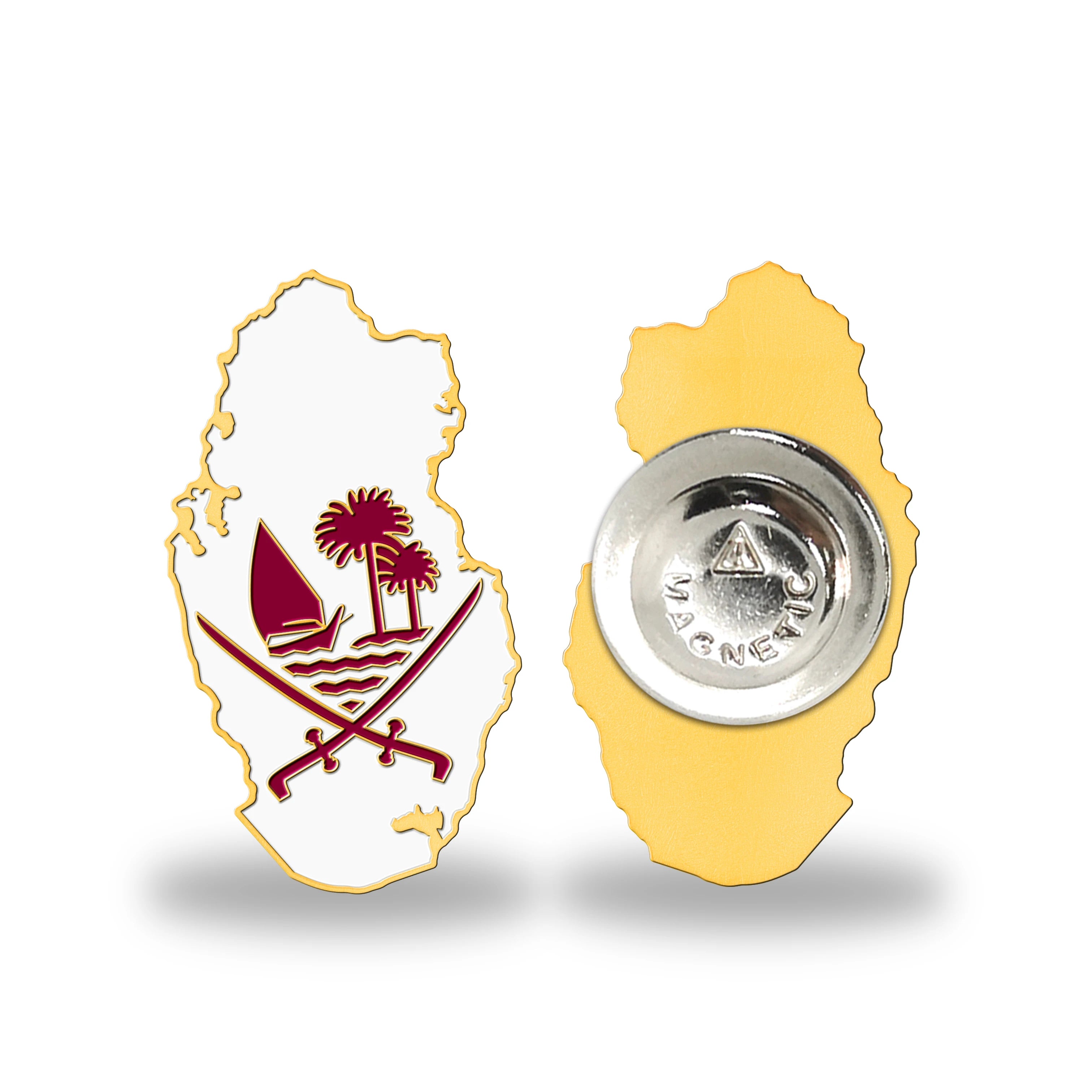 New Qatar National Emblem logo Lapel Pins Badge Gold-plated Metal Magnetic Qatar Map Shape Brooch Latest Qatar Emblem logo