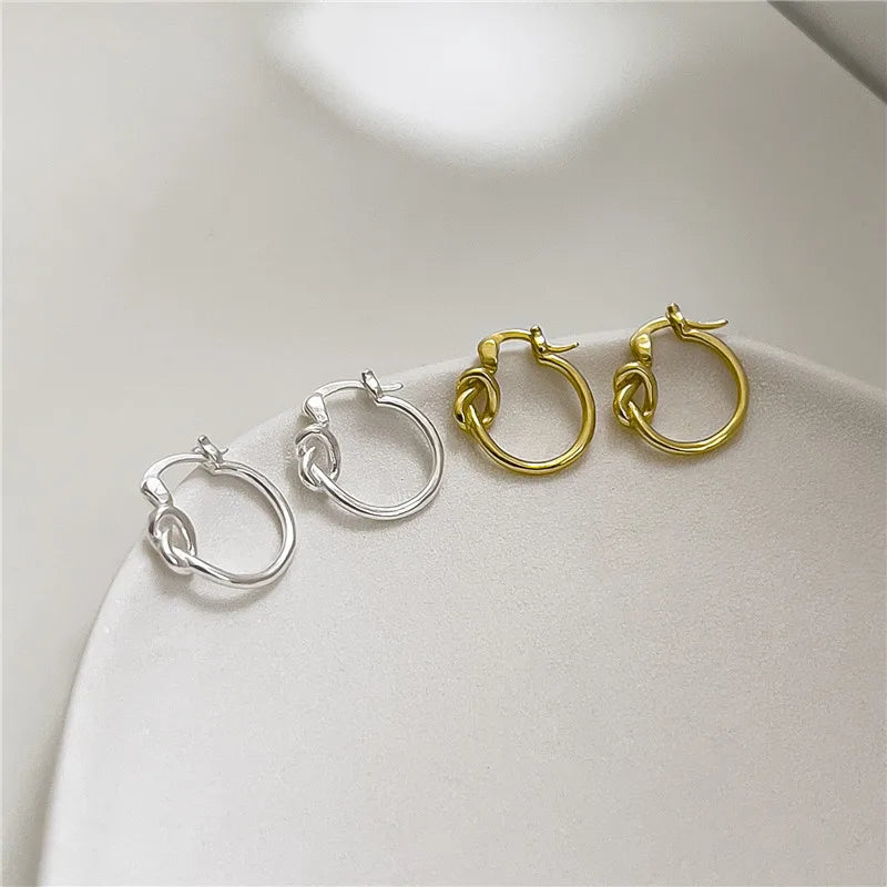 Hot Sale 925 Sterling Silver Retro 18k Real Gold Plated Minimalist Knot Chic Hoop Earrings