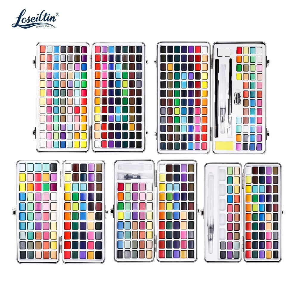 Loseiltin 72/90/100/128/168 Tin Box Acrylic Colors Set Professional Non-Toxic Solid Watercolor Paint Set for Watercolor Painting