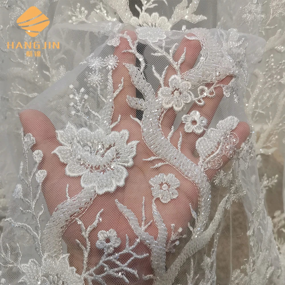 Hot Wedding Lace Fabric Heavy Handmade Beaded Lace White Embroidery Fabric Lace Tulle