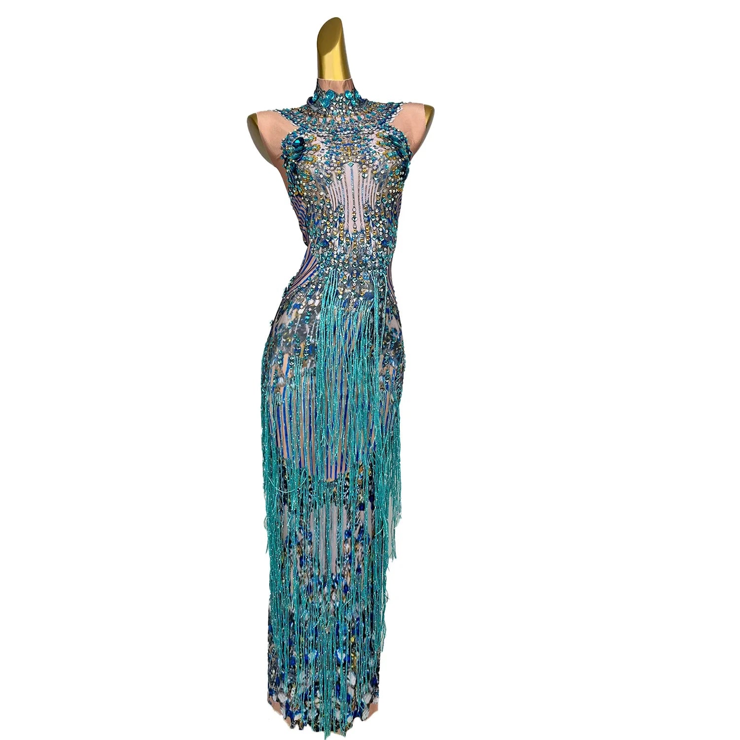 Elegant Tassel Rhinestone Birthday Wedding Dress Ladies Sleeveless Banquet Party Celebration Dress Women Dinner Evening Dress
