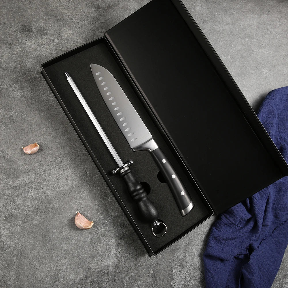 Garwin Golden Supplier ABS Handle Santoku Knife Set 18cm Stainless Steel 3Cr13 Blade Sharpener Rod Ambidextrous Design