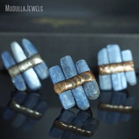 RM48676 Soldered Jewelry Natural Gemstone Blue Kyanite Free Form Slice Adjustable Rings Antique Bronze Plated Witch Wicca Gift
