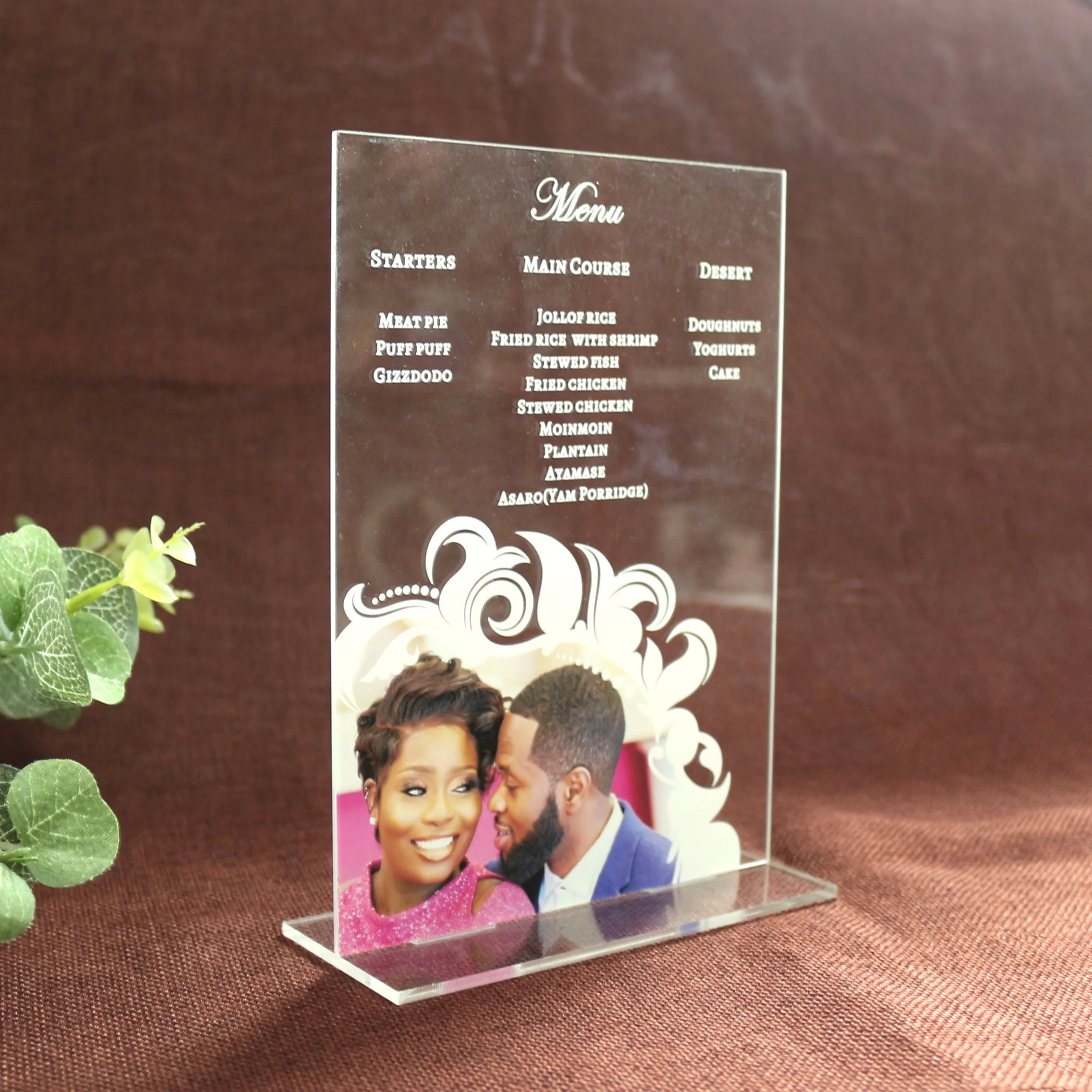 Romantic Transparent Acrylic Menu Card Holder Silk Screen White with Custom Photos for Wedding Souvenirs Musical Anime Themes