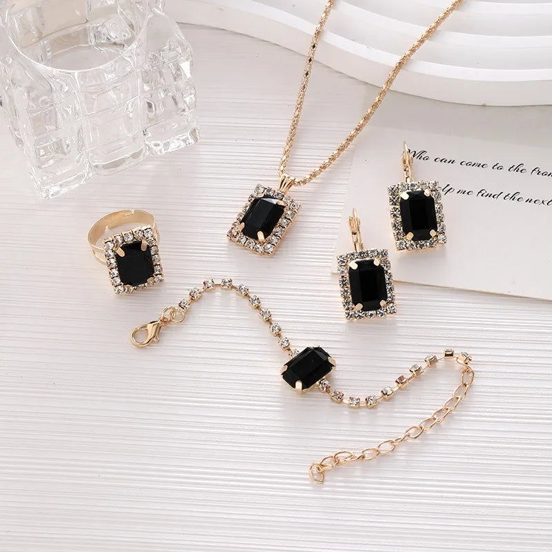 Luxury Vintage Style 3Pcs/Set Green Red Rhinestone Jewelry Set Bracelet Ring Earring Necklace for Women Jewelry