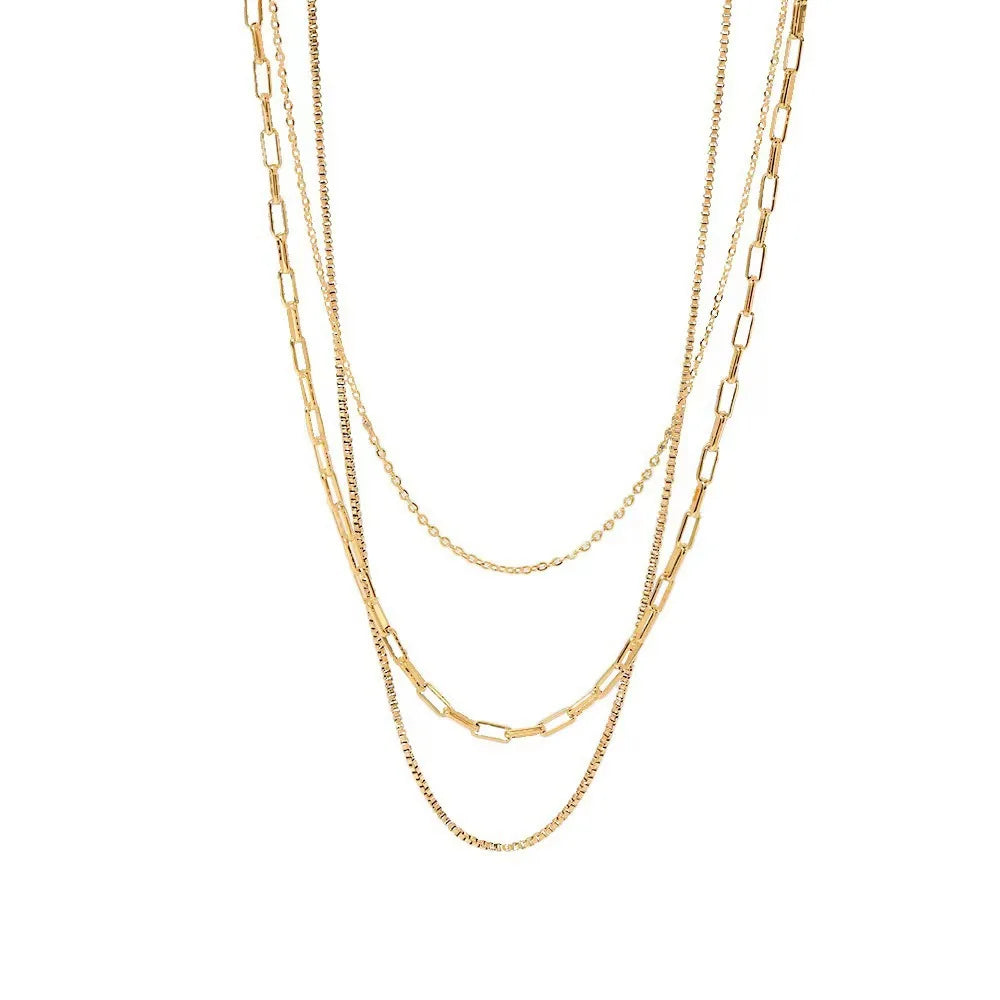 Non Tarnish Fashion Gold Plated Jewelry Stainless Steel Necklaces Cross Box Paperclip Chains Triple Layer Necklace for Women