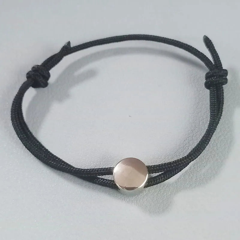 Handmade Black Cord Bracelet Wholesale Custom Engravable Round Charm Nylon Rope Sliding Knot Adjustable Bracelet Men Women