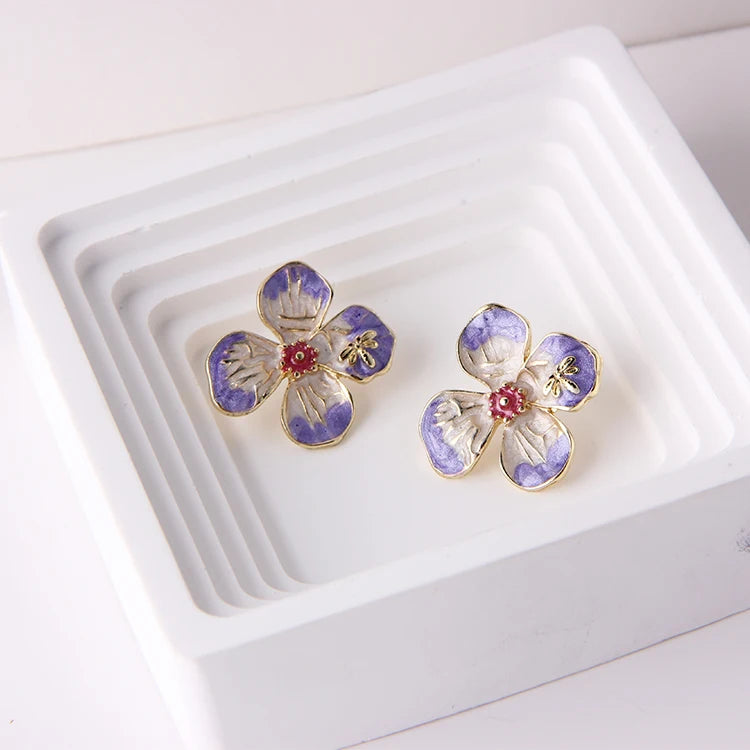 New Style Fashion Enamel Purple Flower Earrings for Female Gift Party Vacation Alloy Floral Petal Stud Earrings
