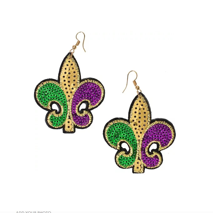 Personalized Purple Green Gold Glitter Sequin Mardi Gras Fleur De Lis Earrings