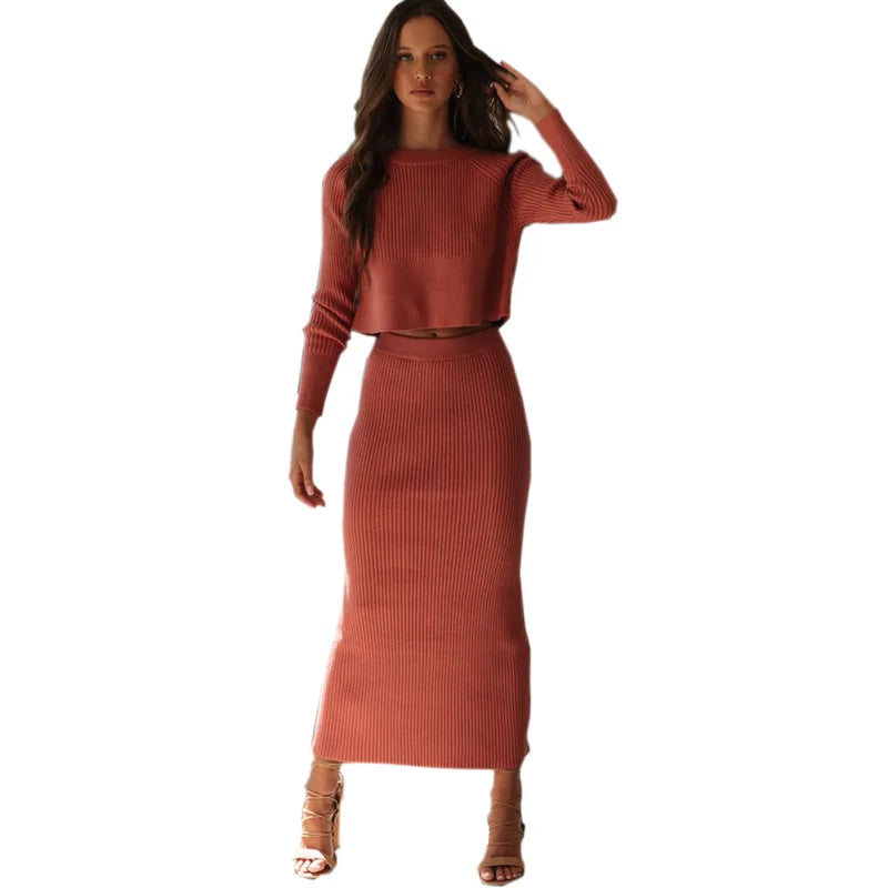 Soft Material Women Winter 2 Piece Suit Knitted Sweater Crop Top and Slit Skirt Set