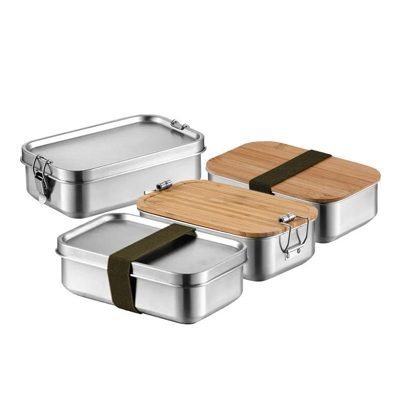 Eco-Friendly Stainless Steel Lunchbox Bamboo Lid Plastic Food Storage Containers Adults Kids Fresh Organ Multifunction Opp Bag