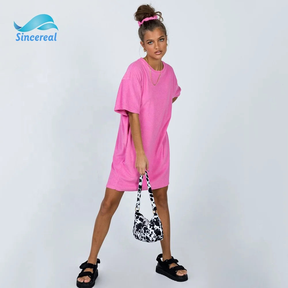 Customized New Summer Casual Loose Round Neck Cute Fashion Towel Shirt pink Ladies Mini Dress