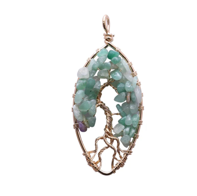 Hot Selling Green Aventurine Natural Chip Stone Pendant Children's Tree of Life Wire Wrap Charm Jewelry