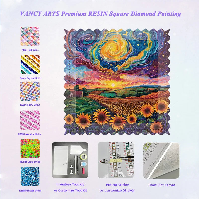 VANCY ARTS Customize 5D Diamond Painting Al Por Stunning Sunflower Field Swirling Sky Artwork Perfect for DIY Decor