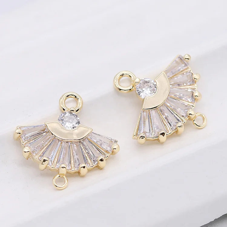 Wholesale DIY Zircon Charm 14k Gold Plated Fan Pendant Double Circle Earrings Tassel Connect Jewelry Accessories