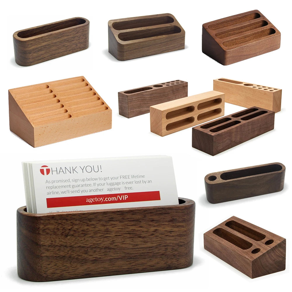 Desk Stand Pen Holder Paperweight Business Gifts Walnut Wood Case Beech Wood Card Box Storage Nature Wooden Card Holder Stand