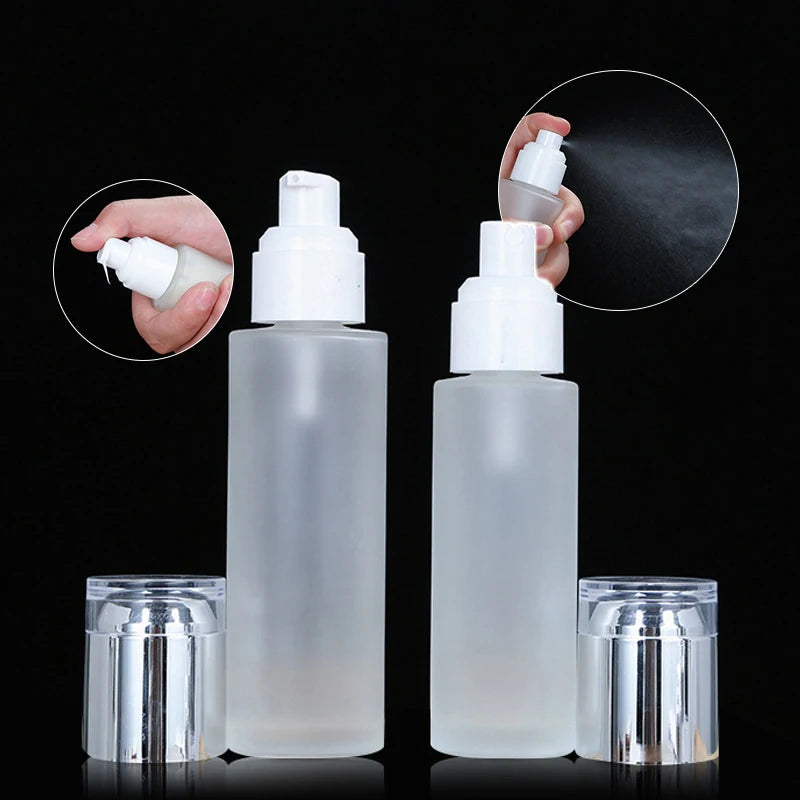 Frosted Glass Skincare Set Bottles Cosmetic Jar Cream Empty 30ml Glass Pump Bottle 50ml Spray Bottle With Silver Cap