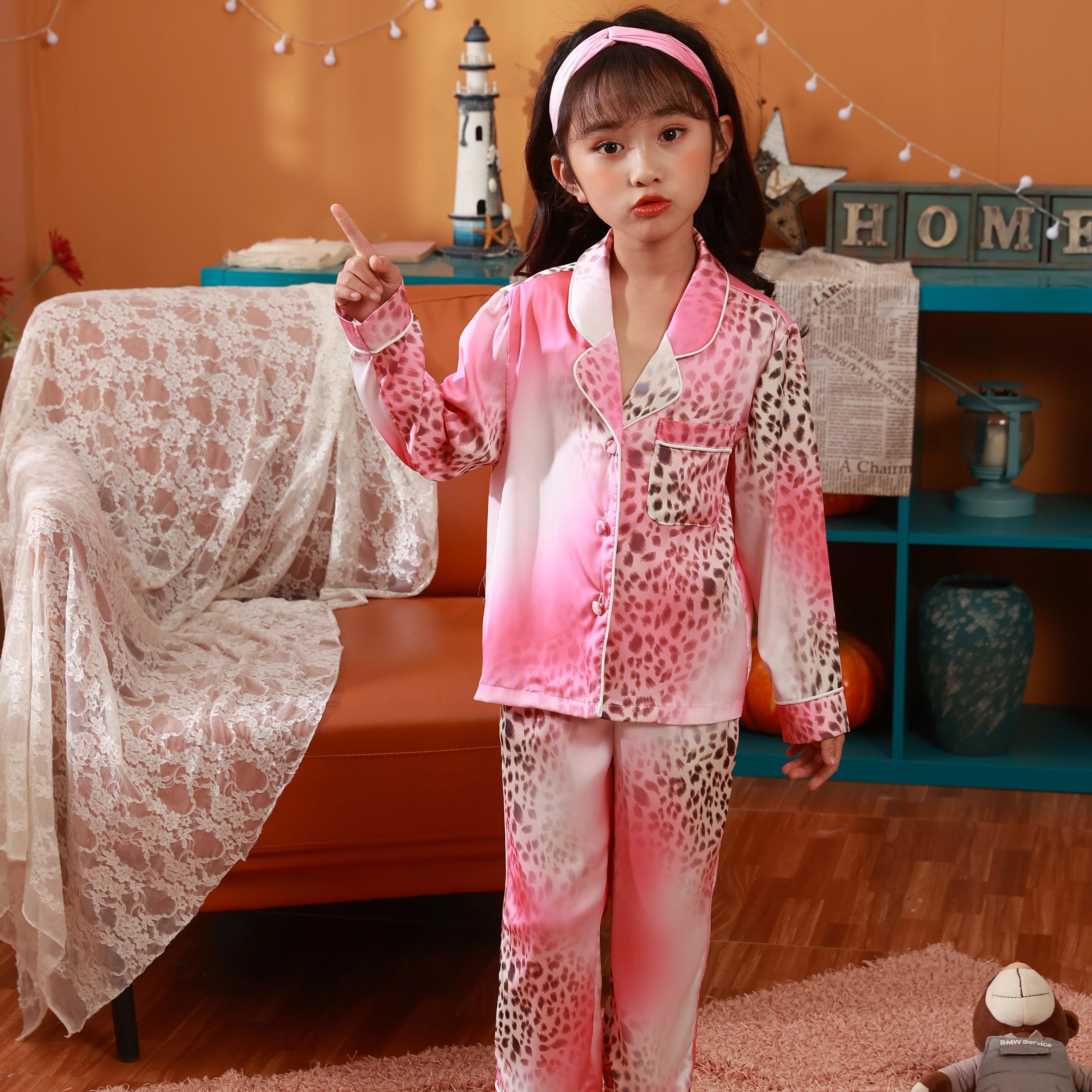 Red Silk Leopard Pajamas 2025 Summer Cute Elastic Waist Thermal with Headband