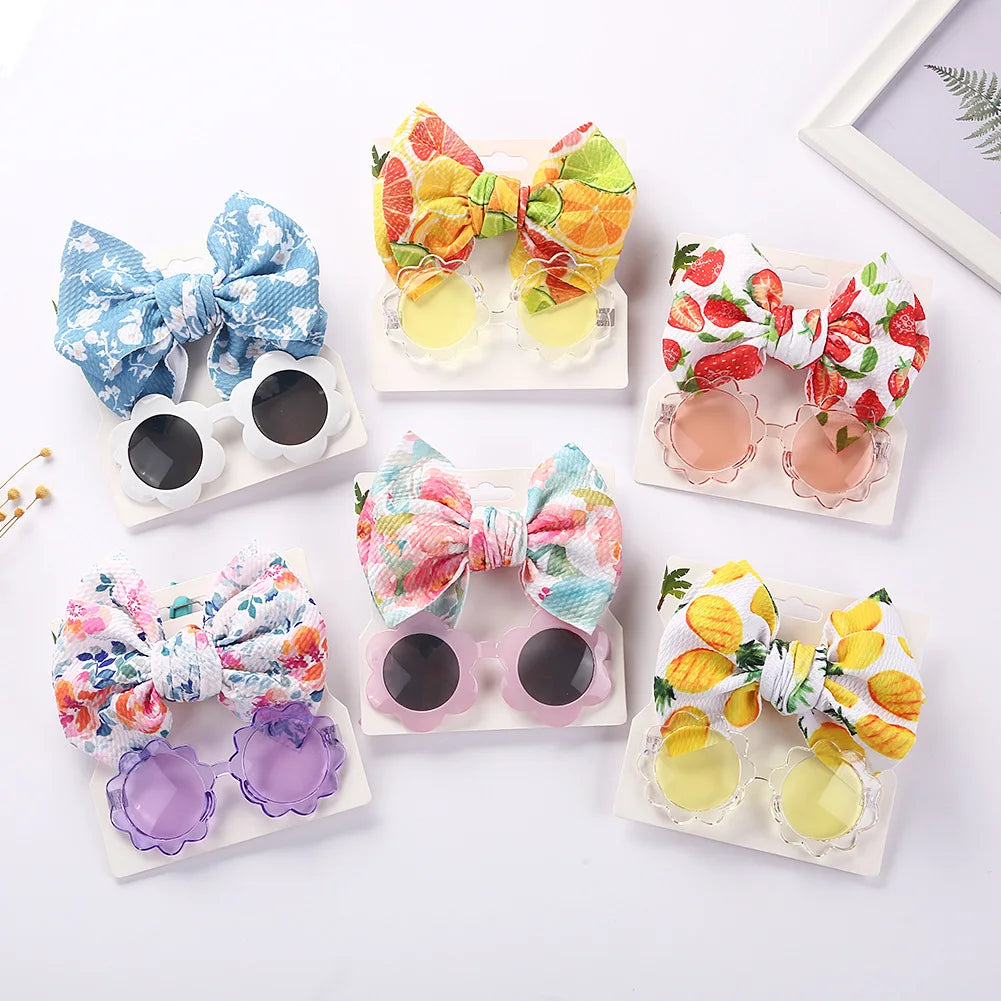 2022 Summer Kids Sunglasses with UV Protection Purple and Blue PC Frame Cloth Flower Printing Bowknot Headbands for Girls