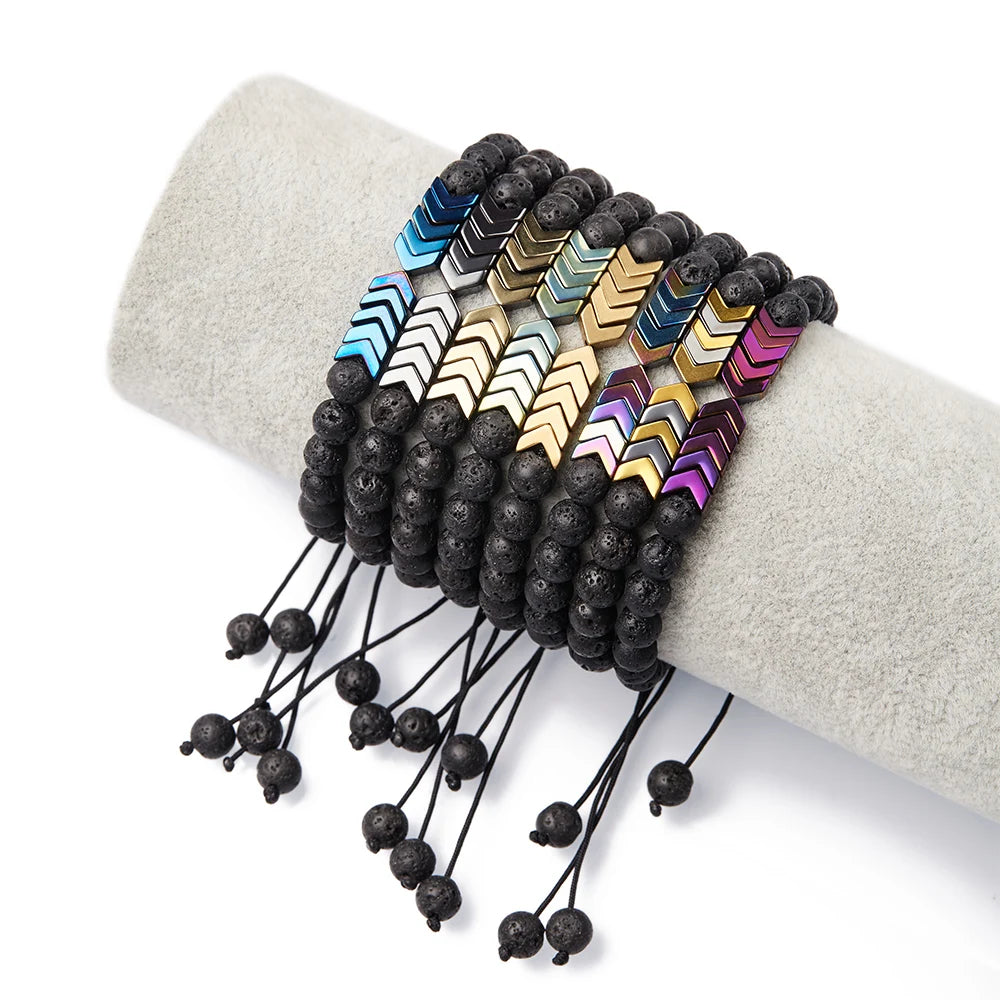 Black Lava Rock Stone Bead Anxiety Bracelet Adjustable Arrow Essential Oil Diffuser Volcanic Cord Stone Bracelet for Men Women