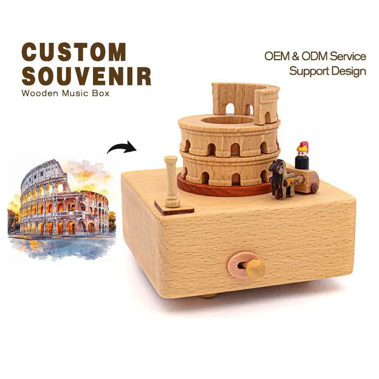 Best Selling Classic Colosseum Wooden Music Box with Moving Round Car Rectangle Carousel Decorative Use