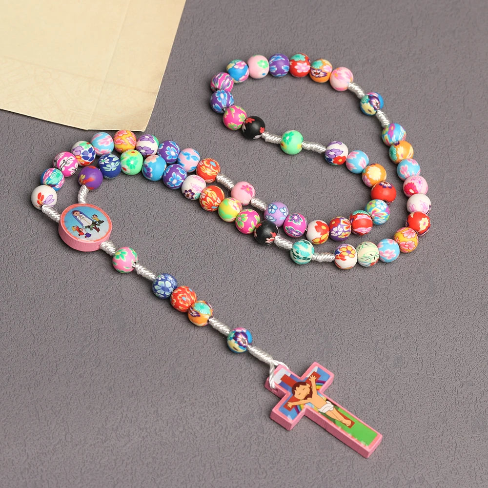 Mecrt Rosary for Child Necklace Colorful Polymer Clay Jesus Cross Pendant  Beads Chain Holy Communion Baptism Kids Gift