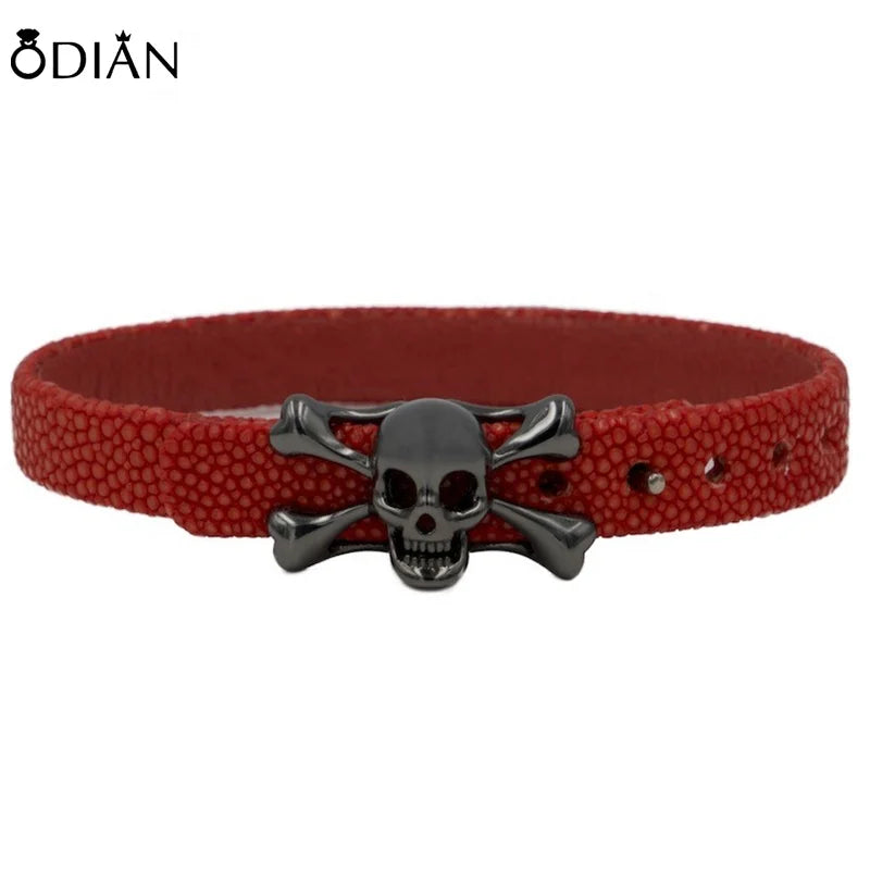 Fashion Personalized Skull CZ Men Bracelet Genuine Stingray Leather Bracelet