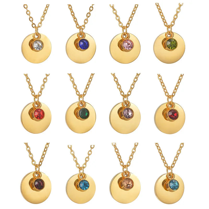DAIHE Fashion New Engraved Birthstone Necklaces 18k Gold-Plated Necklaces for Women Stainless Steel