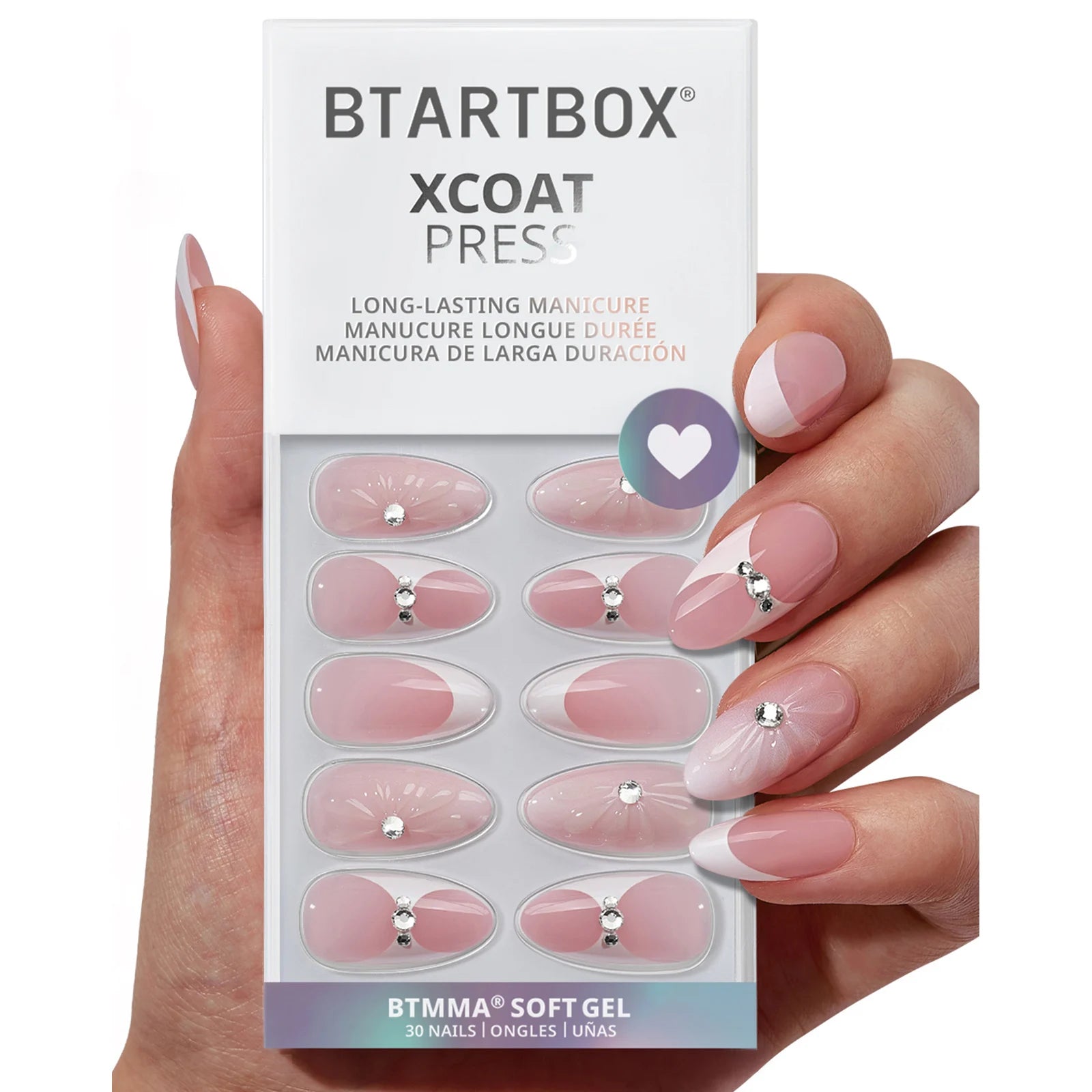 BTARTBOX XCOAT 3D Press on Nails with Rhinestones Wholesale Medium Almond Luxury Soft Gel 3D French False Fake Nails Tips