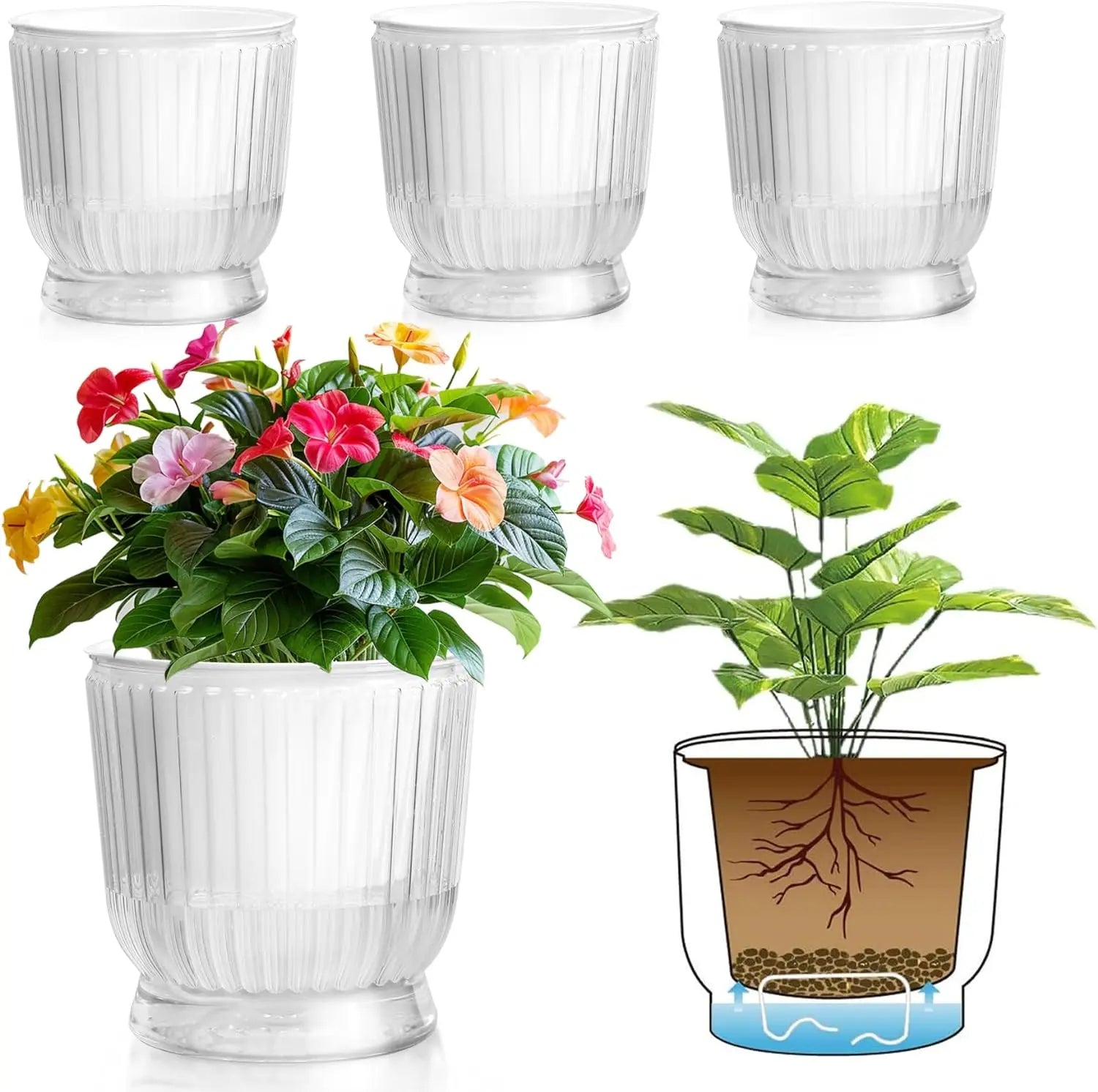 4 6 Inch Garden Transparent Flower Planter Clear Pots for Plant Plastic Self Watering Pot for Indoor Plants