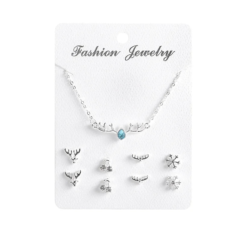 Silver Crystal Rhinestone Christmas Fashion Snowflake Flower Necklace Earrings 5 Piece Set Paper Card Jewelry Set