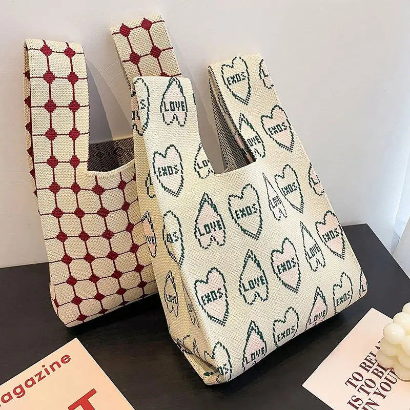 Autumn Winter Female Underarm Bag Lattice Checkered Wool Crochet Tote Knitted Handbags for Women