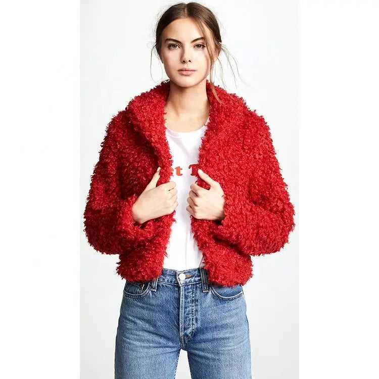 New Select Custom Fashion Red Faux Fur Winter Jacket Fluffy Plus Size Coat Girls Dyed Polyester Fabric Solid Breathable