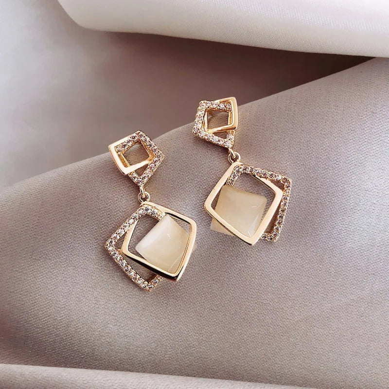 Cat's Eye Stone Square Shaped Dangling Earrings - Baroque Vintage Elegance with a Touch of Korean Style Ear Accessories