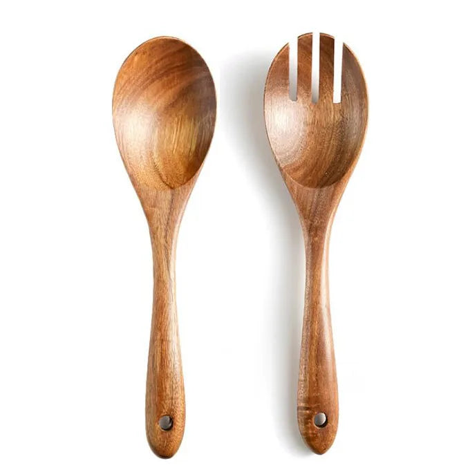 Kitchen Appliance Tools Fruit and Vegetable Salad Servers Eco Friendly Teak Wood Spoon Fork for Cooking