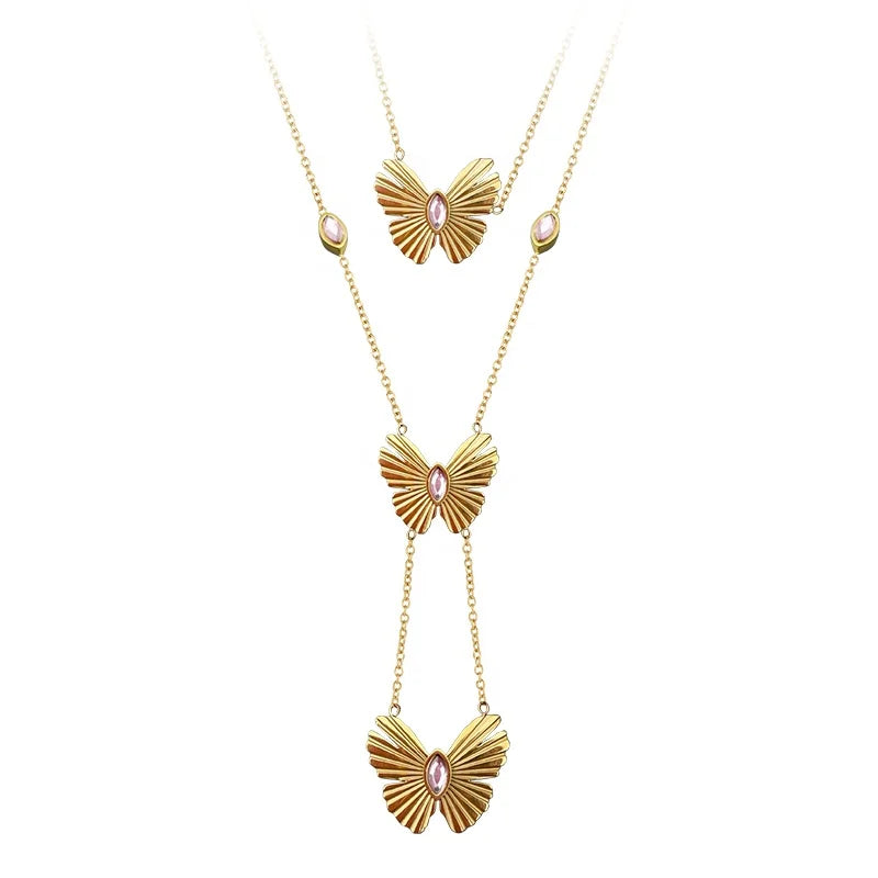 High Quality 18K Gold Plated Stainless Steel Jewelry Double Chain Pink Zircon Butterfly Pendant Accessories Necklaces P223319
