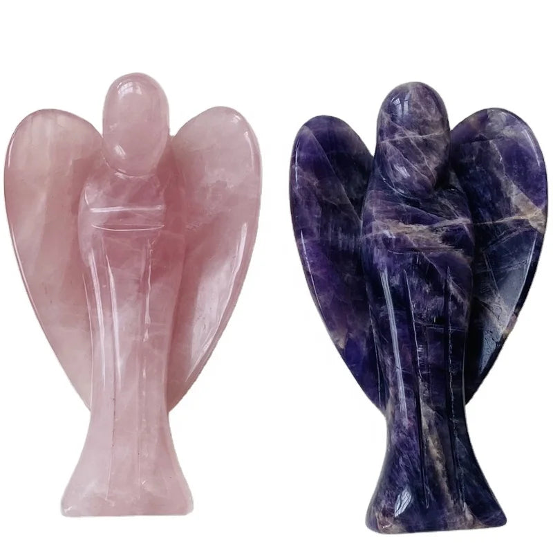 Wholesale High Polished Pink and Purple Crystal Crafts Classic Dream Amethyst Rose Quartz Carved Angel