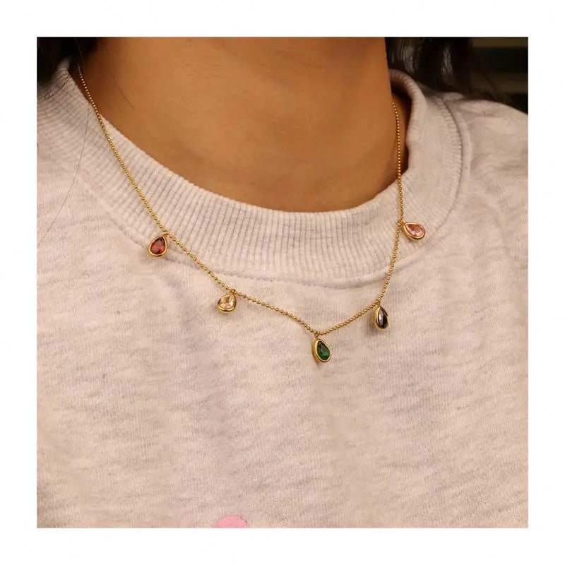Chris April Luxury Jewelry 316L Stainless Steel PVD Plated Pear Shape Drop Zircon Colorful Charm Bead Chain Necklace
