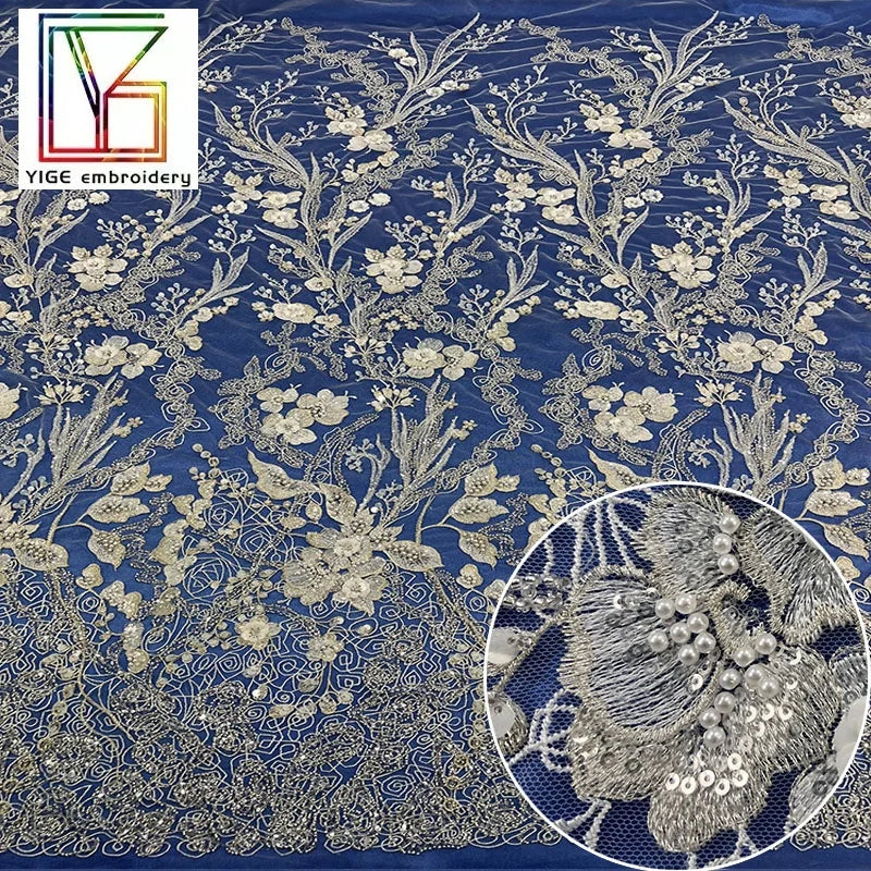 Luxury French Bridal White 3D Sequin Beaded Tulle Lace Fabric High Quality Women Wedding Dress Pearl Embroidery Mesh Lace Fabric