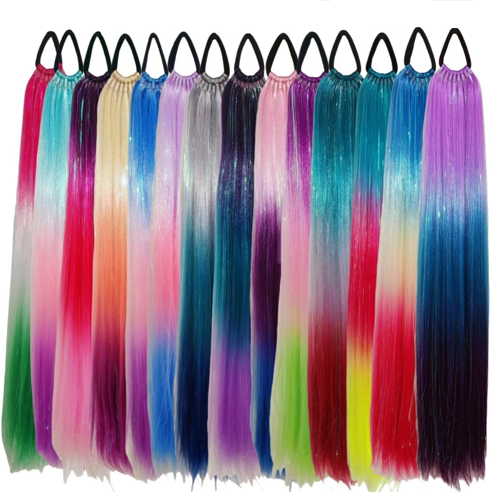 Colorful Pre Stretched Braiding Glitter Tinsel Mixed Ponytail With Elastic Tie Hair Tinsel Ponytail for Women