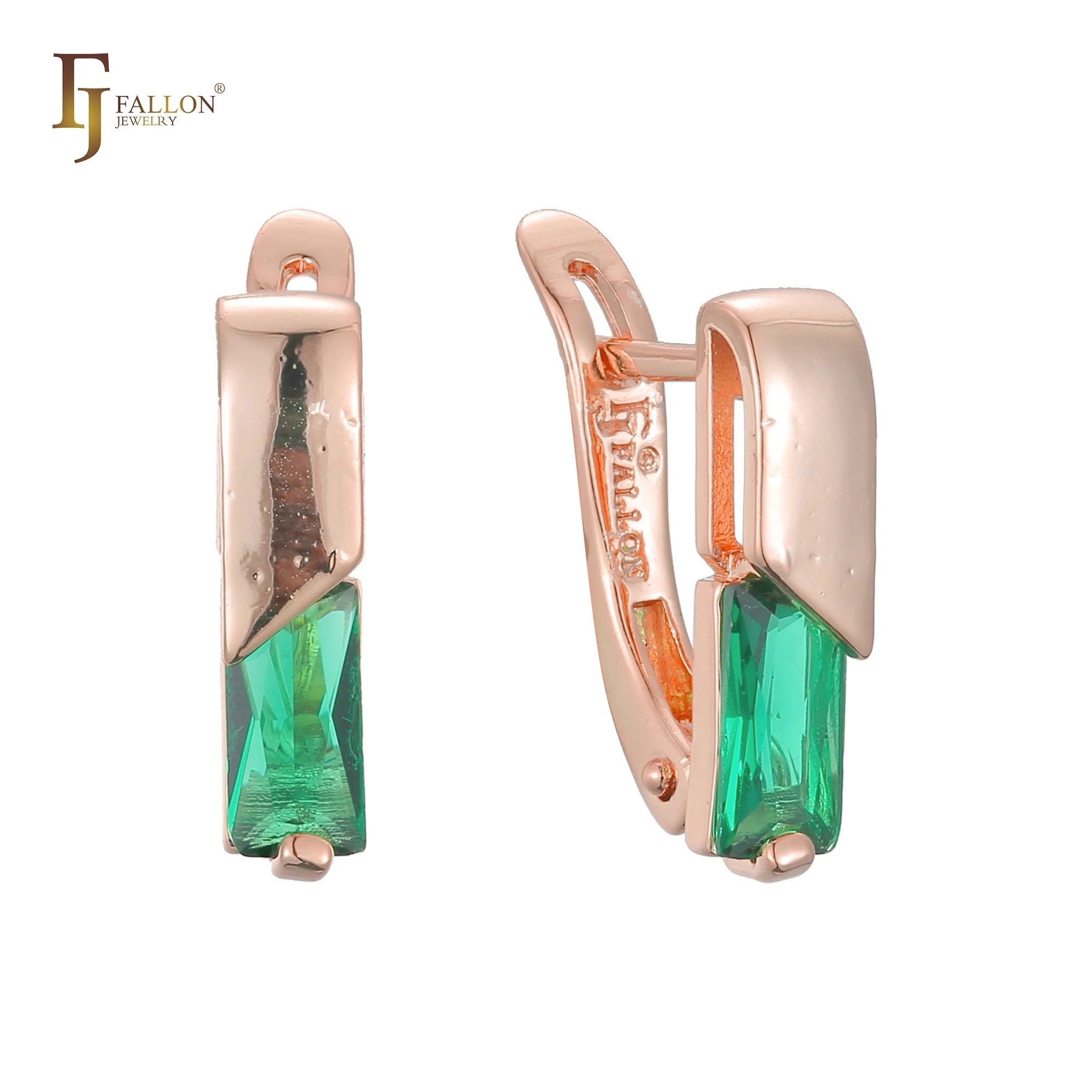 FJ Fallon Fashion Jewelry Solitaire Squared Emerald Green CZ Clip-On Earrings Plated in Rose Gold Brass Based