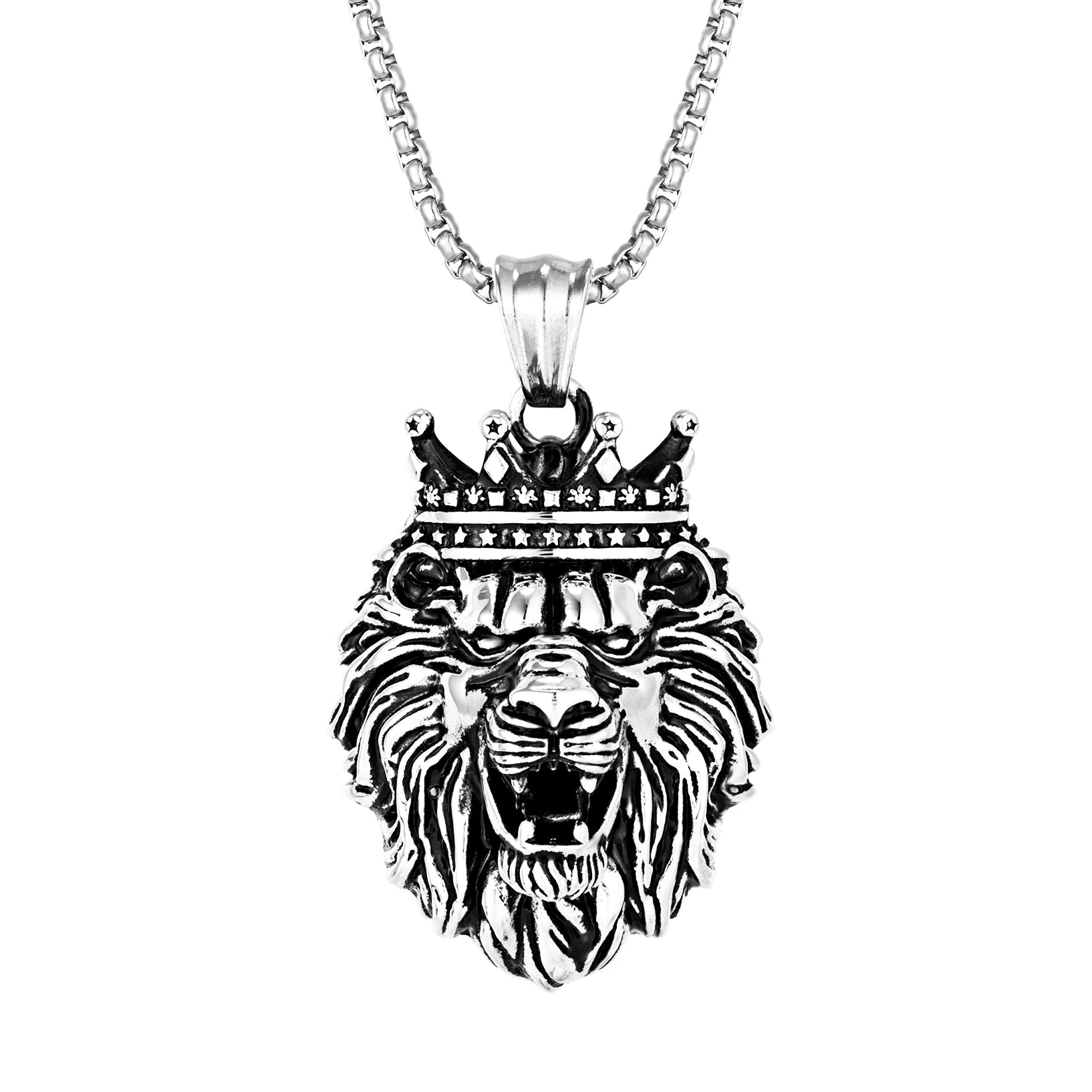 Lion Head Pendant Stainless Steel Mens Silver Lion Crown Pendant Necklace Men's 18K Gold Lion King Necklace
