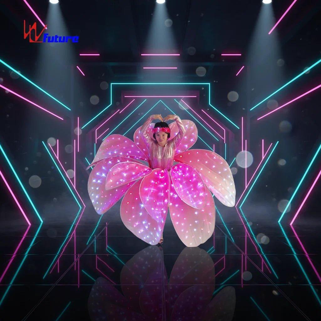 Future Ready-to-Wear LED Pixel Flower Dress with Glowing Head Garland Stage Look Inspired by Fairy Faire