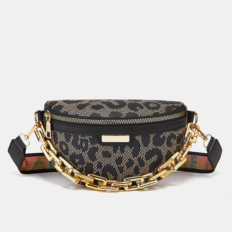 Trendy Women Chain Fanny Packs Leopard Print Pu Leather Phone Purses Chest Messenger Bags WIth Zipper Waist Bag