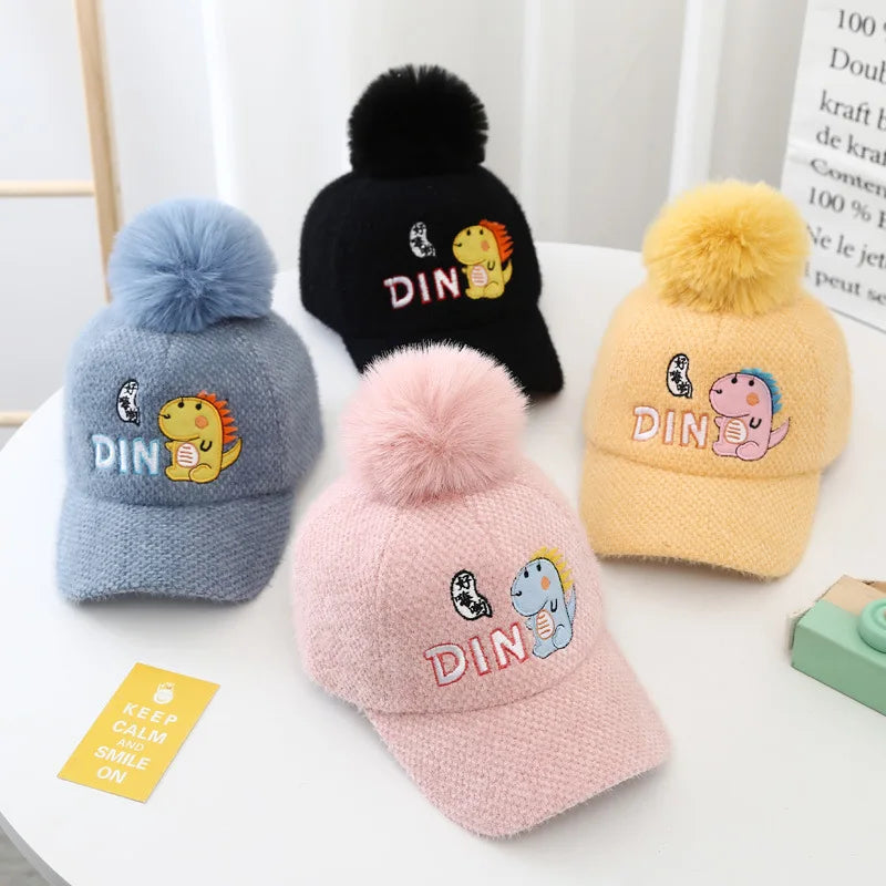 Kids 54CM 1-8 Years Old Children's Winter Cute Cap Cartoon Baseball Cap Boys and Girls With Pom Pom