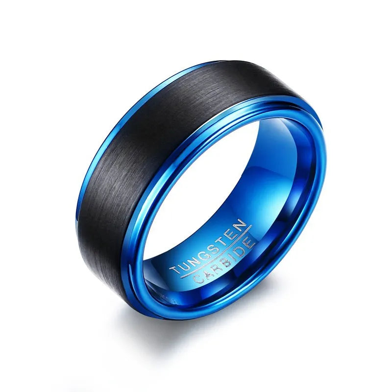 Poya Manufacturer Male Jewelry 8Mm Step Edge Brushed Finish Blue Black Tungsten Steel Ring for Men