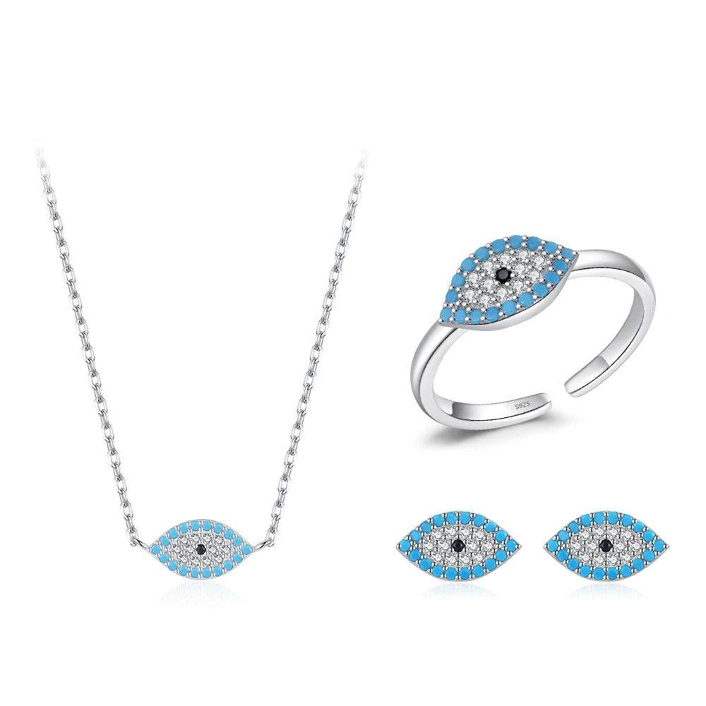 Daidan Jewelry Sets 925 Sterling Silver Rhodium Plated Evil Eyes Turquoise Necklace and Earrings Zirconia Jewelry Set
